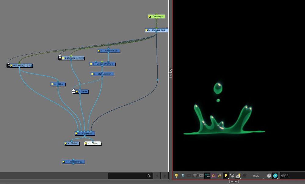 A screen grab of the UI of Toon Boom Harmony showing a 2D animated water droplet.