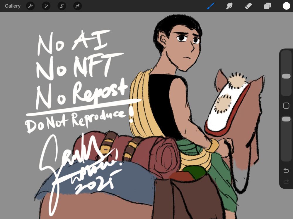 A character named Semirang on horseback, with no hairs on both of them. To be animated their windy hairs tonight!