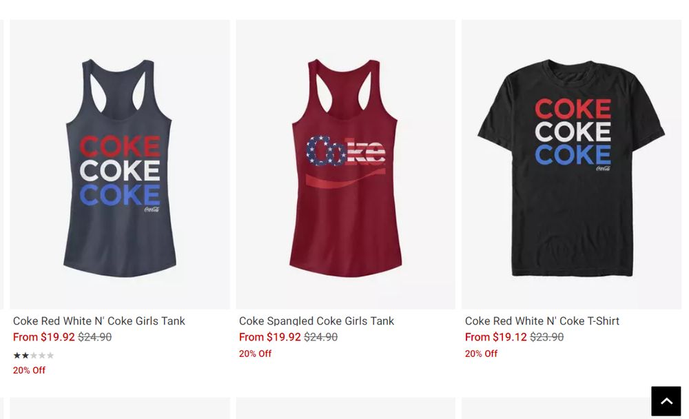 screenshot of hot topic website freaturing three shirts. two say coke 3 times while the one the iddle says it once. all three are red ,white, and blue themed.