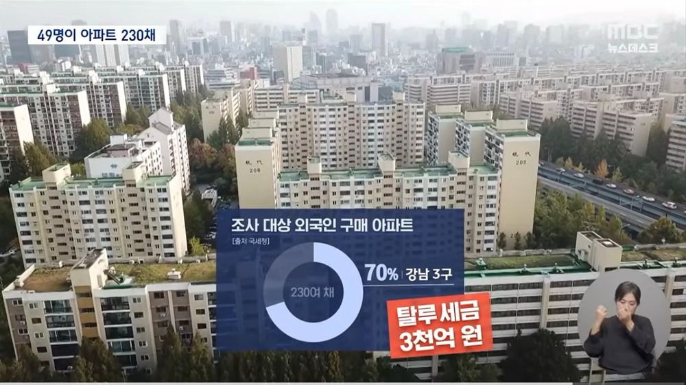 MBC뉴스데스크(25.8.7) 보도화면 캡처. <49명이 아파트 230채>라는 제목과 함께 외국인 구매 아파트의 70%가 강남 3구에 몰려 있으며, 탈루 세금이 3천억 원에 달한다는 내용이 나오고 있다