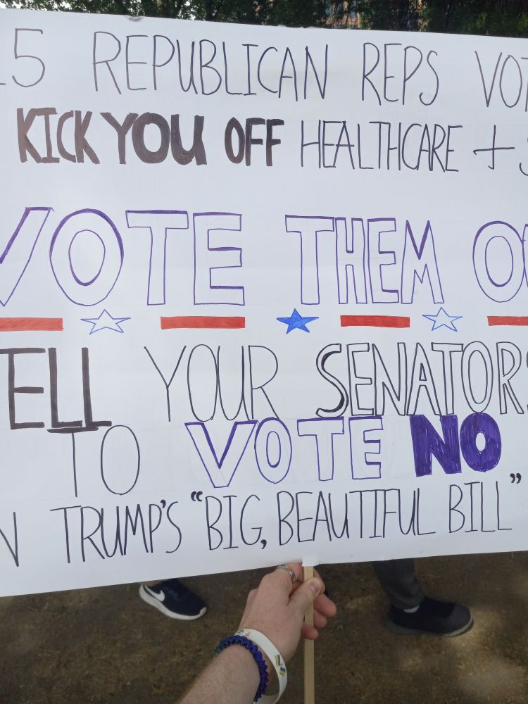 The front of my sign says, "215 Republican reps voted to kick you off healthcare + SNAP. VOTE THEM OUT. Tell your senators to vote NO on Trump's "Big, Beautiful Bill."
