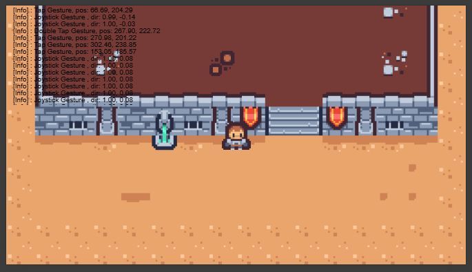a small scene of a little person standing outside a castle, and with a debug log being printed over the scene