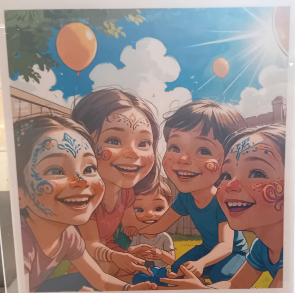 Groupe de 5 enfants souriants au visage peintureluré. Ils sont dans un parc avec un ciel bleu en fond, des ballons volent dans le ciel. 
L'image est BOURRÉE d'aberrations liées à l'ia et les enfants ont tous un regard/sourire absolument terrifiant 