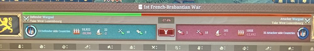 Capture d'écran d'Europa Universalis 5
Elle montre un menu décrivant la première guerre franco-brabantienne. Les français ont 10 fois plus de troupes et de navires