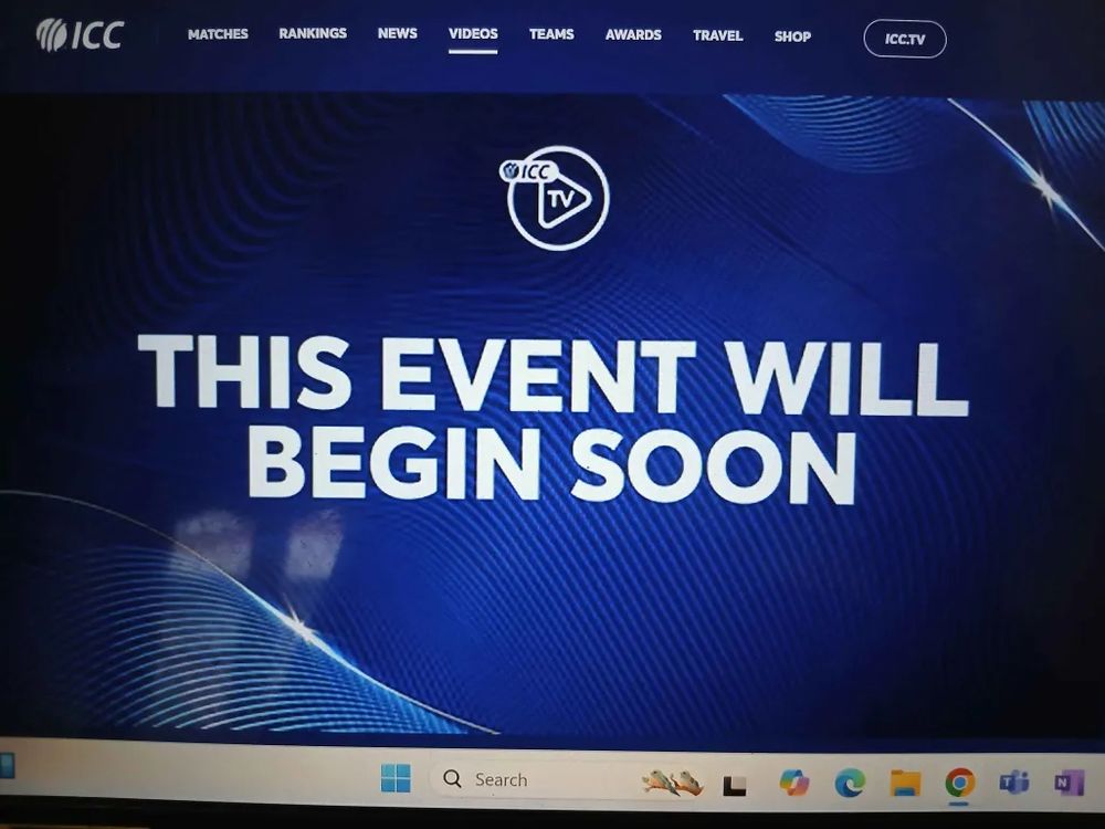 ICC.tv placeholder graphic, but instead of the classic "We'll be right back", the text says "This event will begin soon" despite having started nearly 20 minutes ago