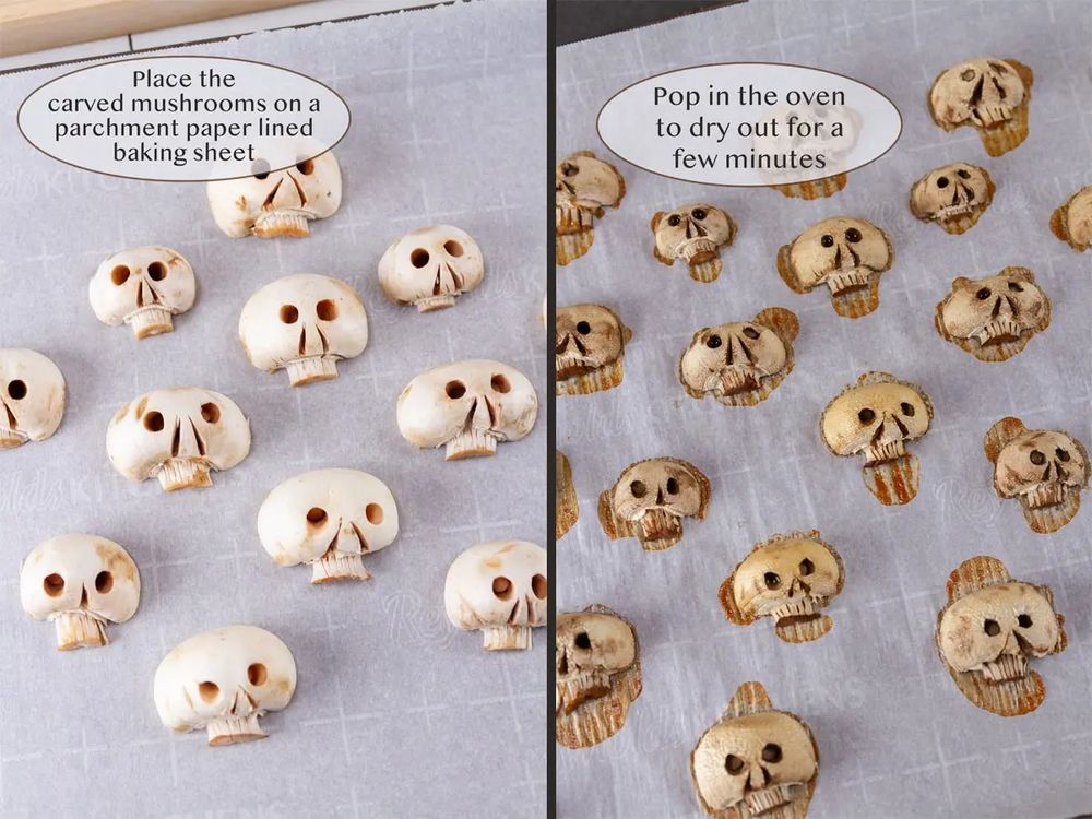 Baking tray with mushrooms carved as skulls. On the left before going into the over and on the right after baking 