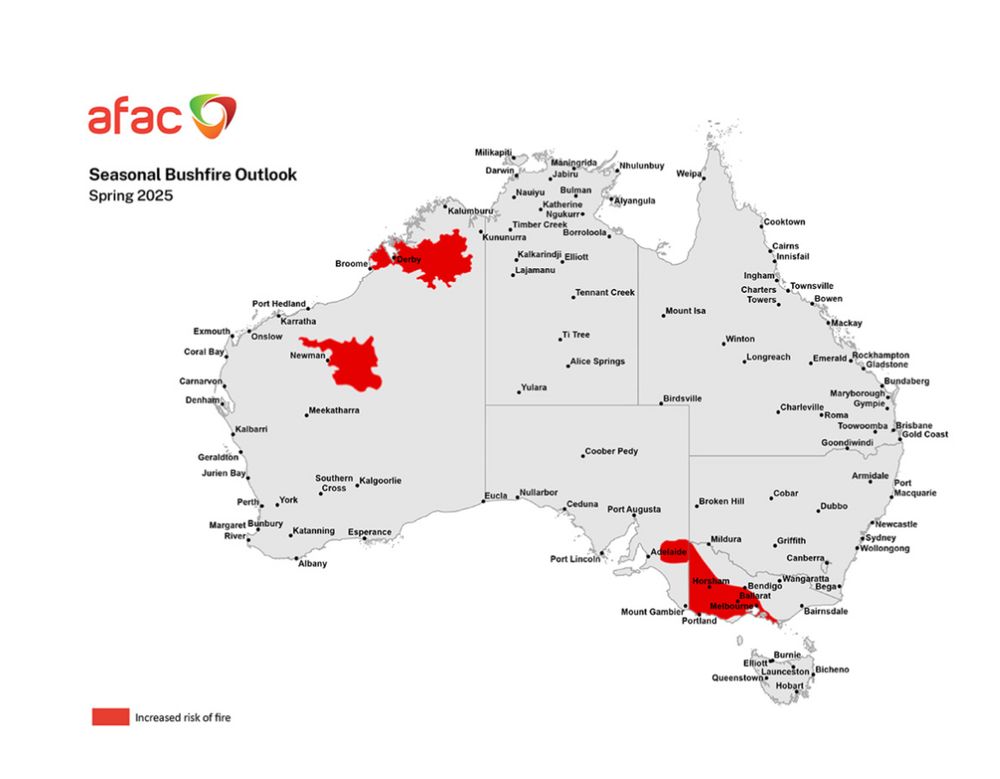 Map of Australia showing areas of increased risk of bushfires in west and southwest Victoria, the Kimberley and inland WA.