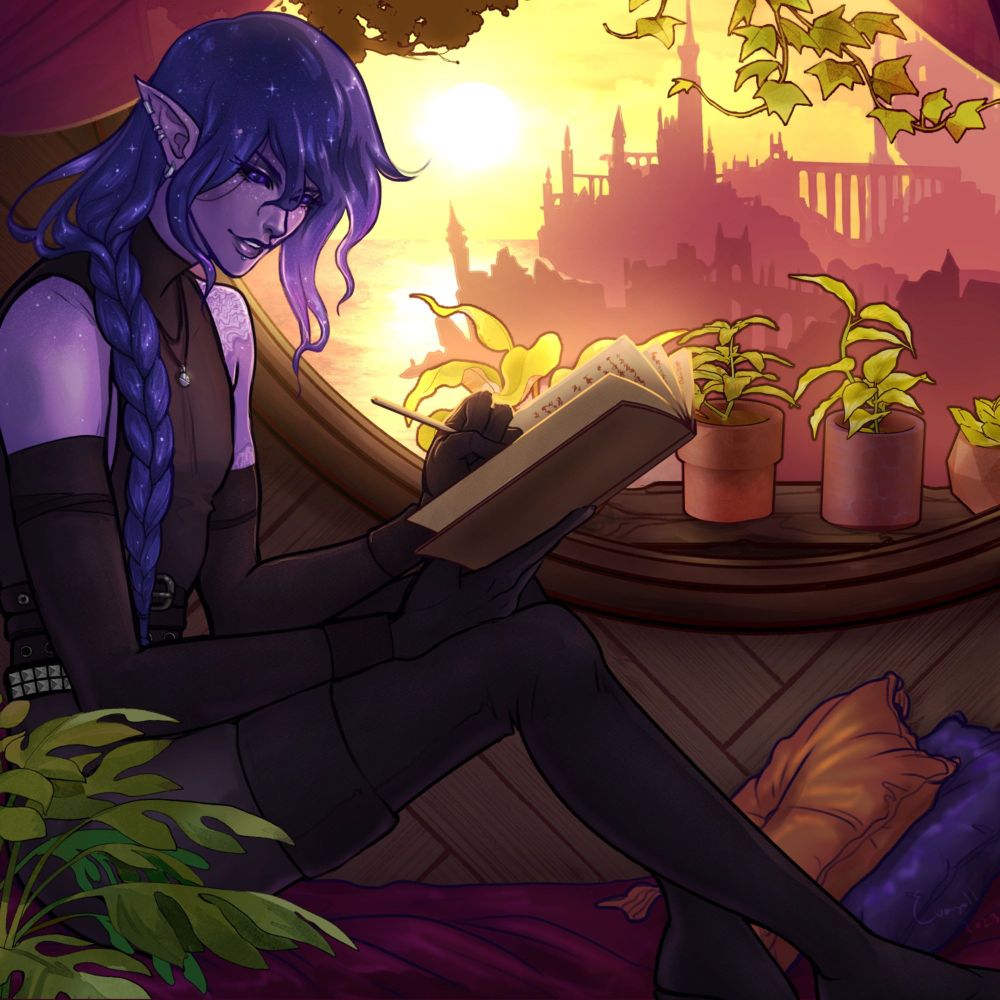 Commission. An Astral elf writing in his book, while sitting in front of a window overlooking the city of Neverwinter.