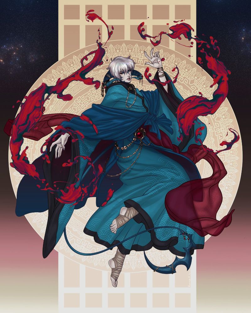 Ffxiv commission for a friend of their male xaela character wearing teal robes and a maroon sash, surrounding themselves with channeled blood magic.