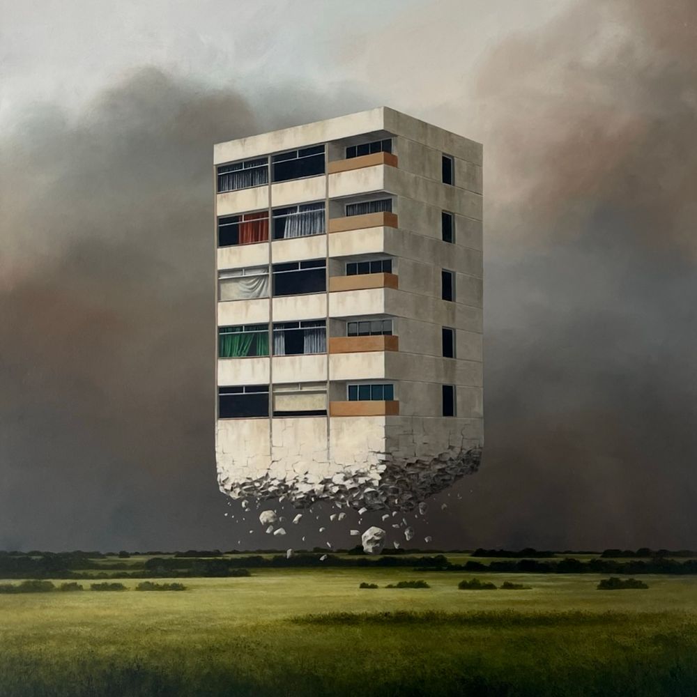A floating crumbling tower block over a flat landscape. 