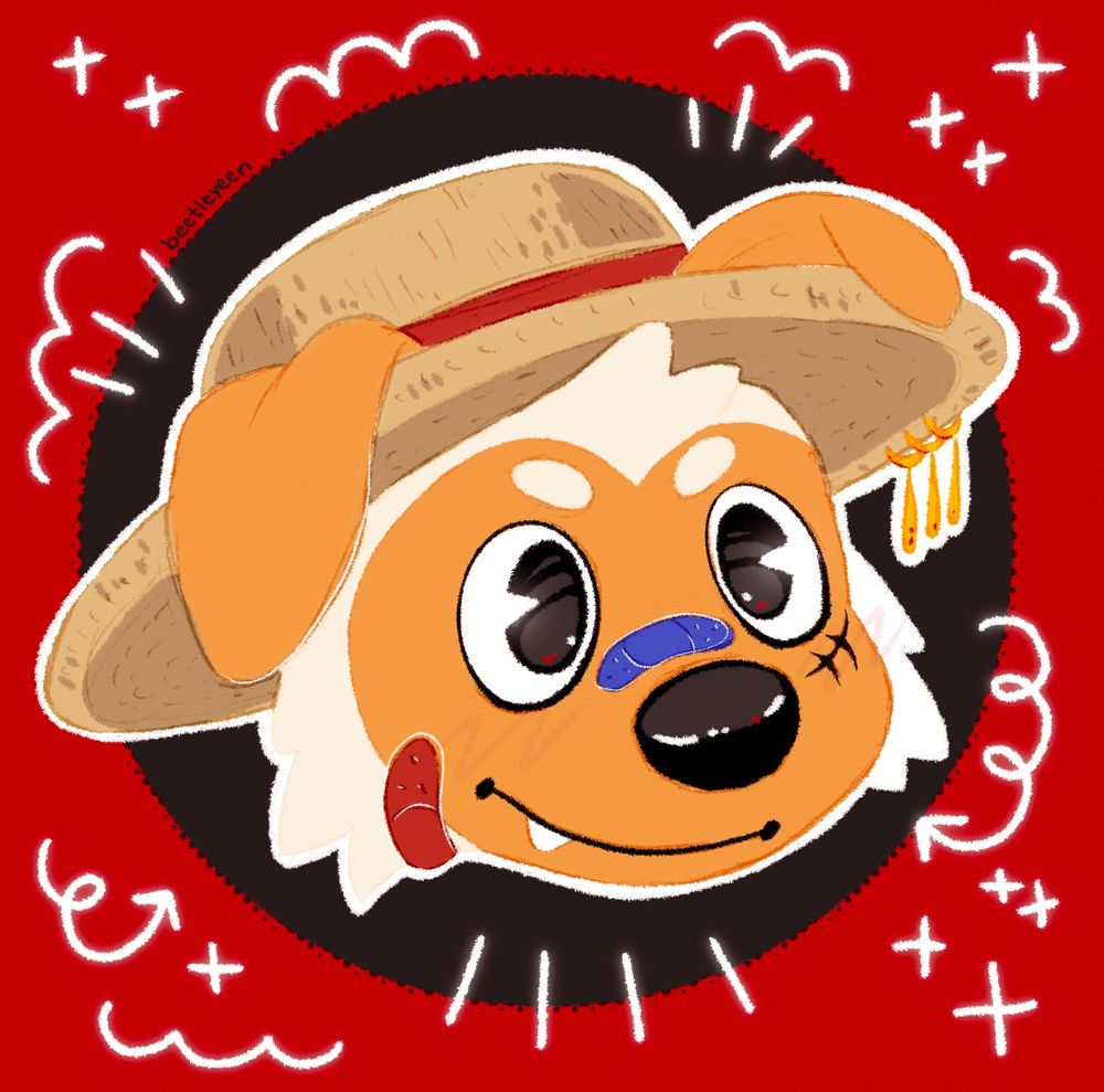 Breakfast the white dog with a yellow face wearing Luffy's straw hat with zoros earrings! Happy guy 