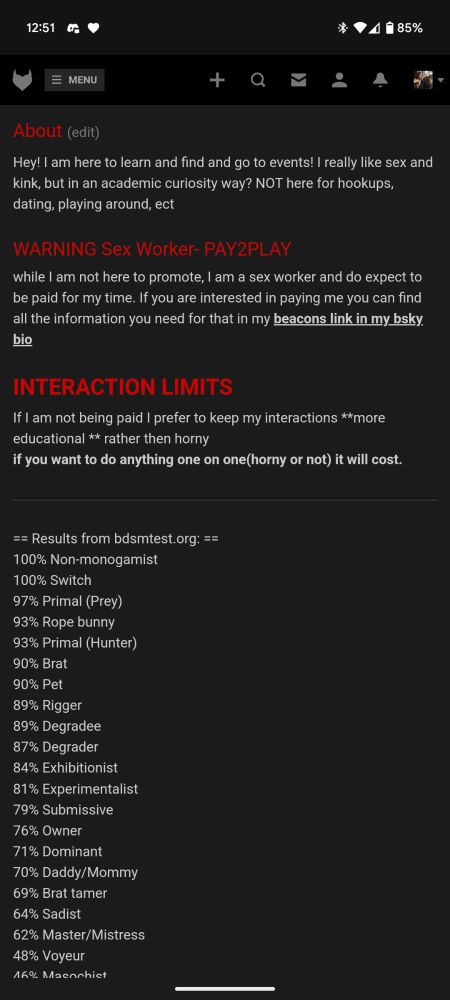 LunePusa's FetLife bio stating in red I a. A sex worker, pay to play. Also states I am NOT there for hookups and am not looking for horny interactions
