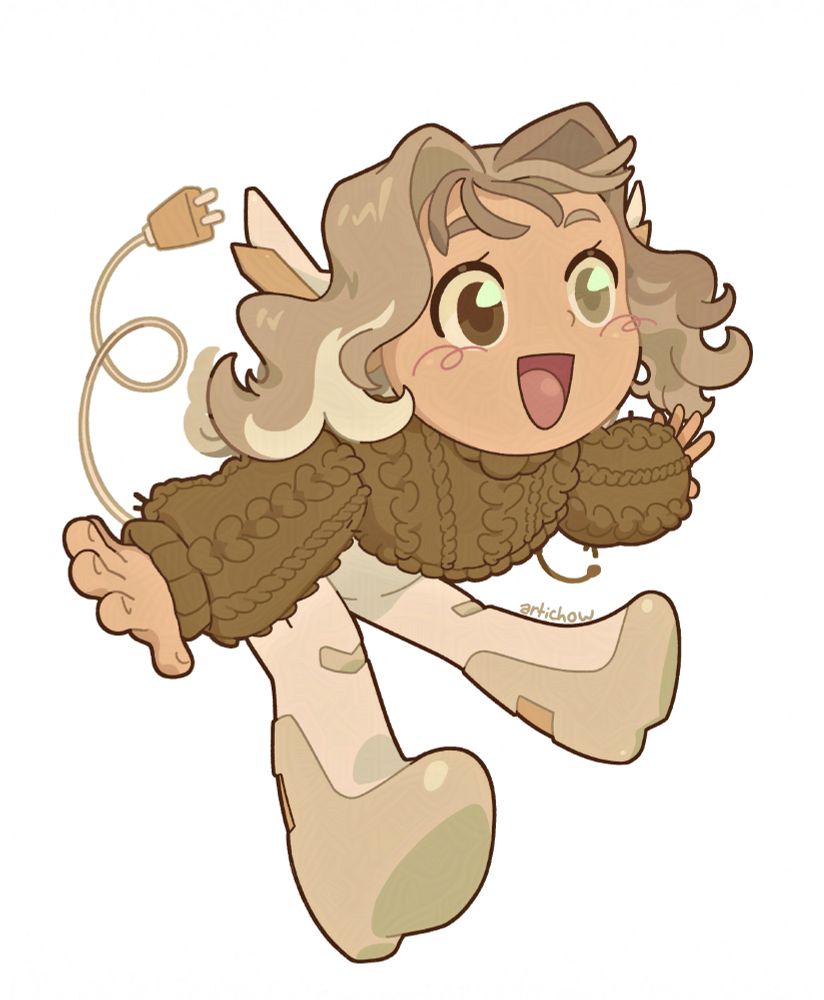A digital chibi drawing of Universal Carrier smiling excitedly. Her main colors are beige and brown hues. The background is white.