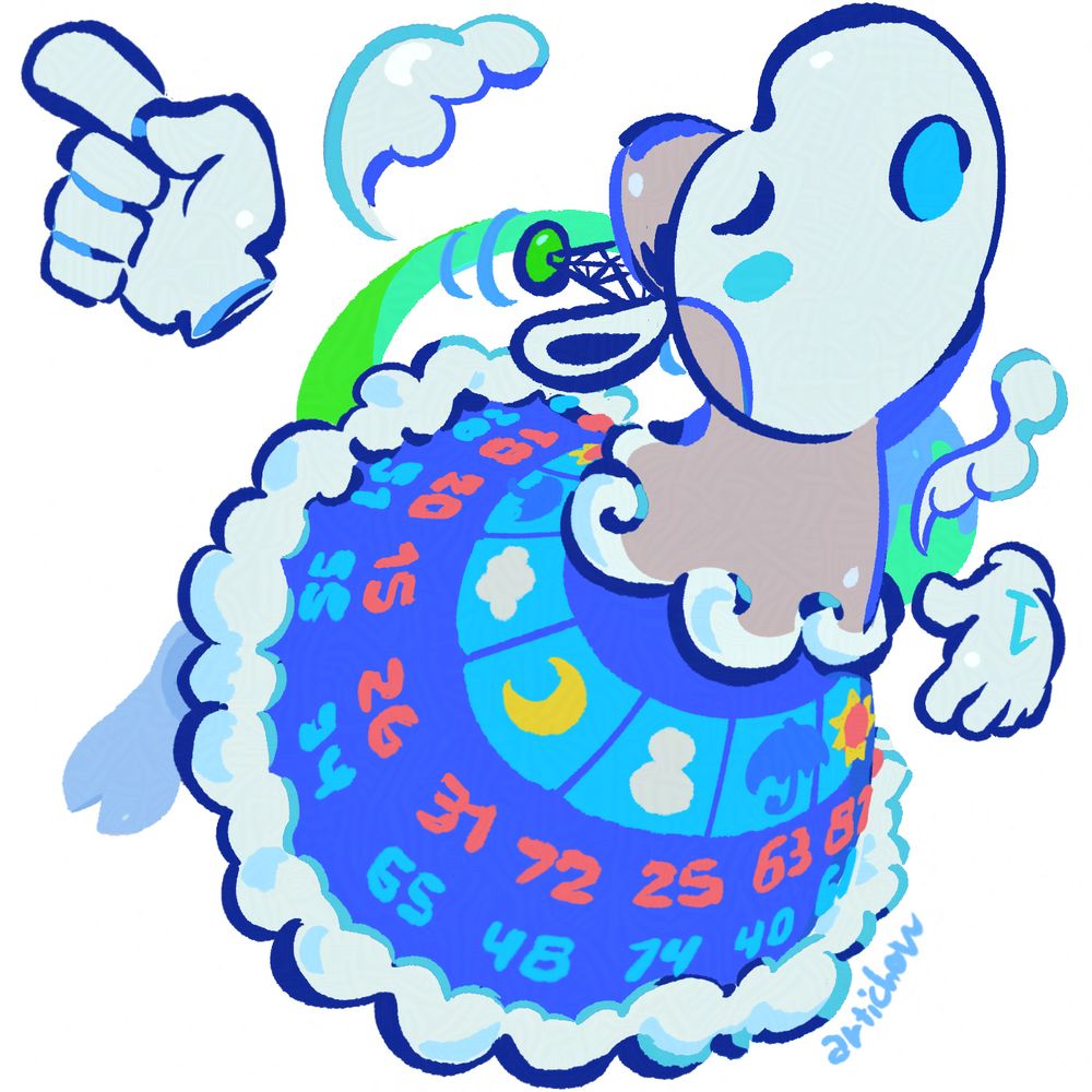 A square digital drawing of Pegasuskiss's oc Stratus, a wii weather channel inspired giraffe seen from above and pointing to the top left corner. The background is white.