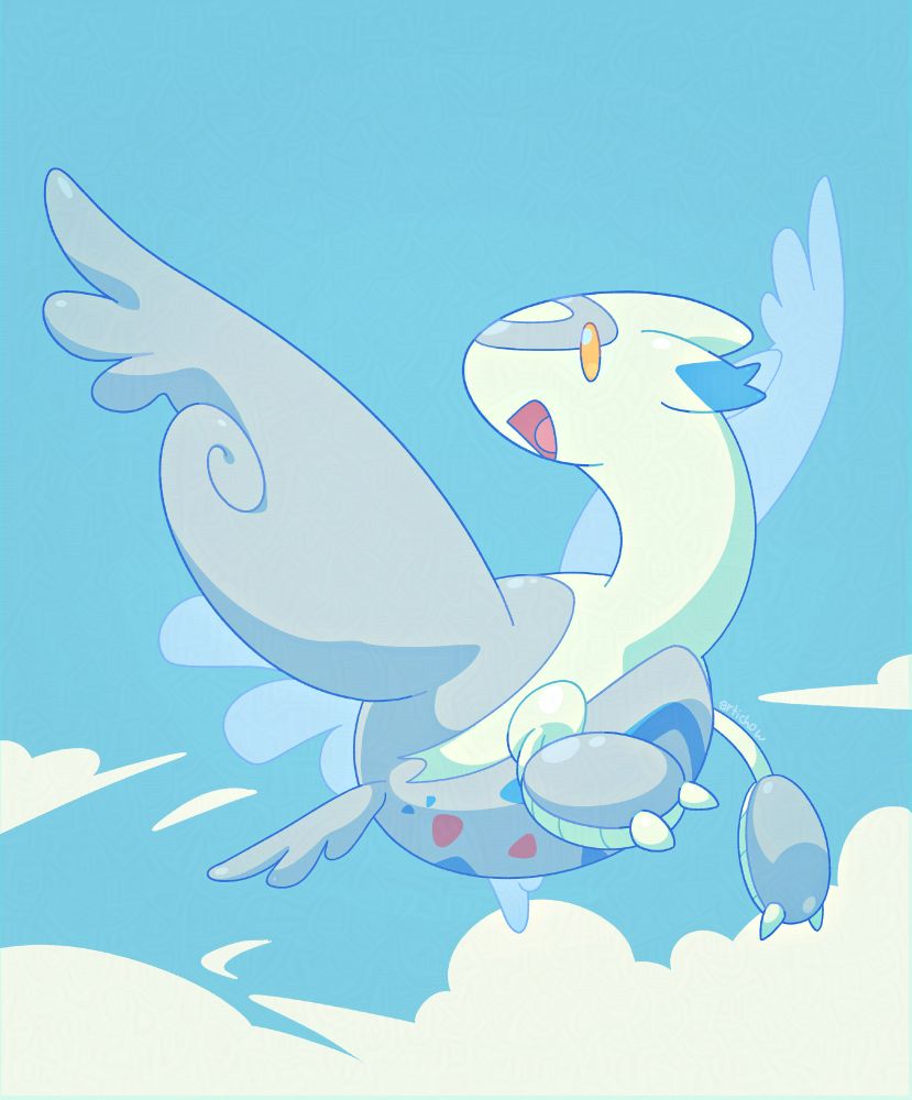 A digital drawing of Celestial, a Latias a Togekiss pokefusion flying high in the sky and smiling. The main colors are light blue, grey and cream white.