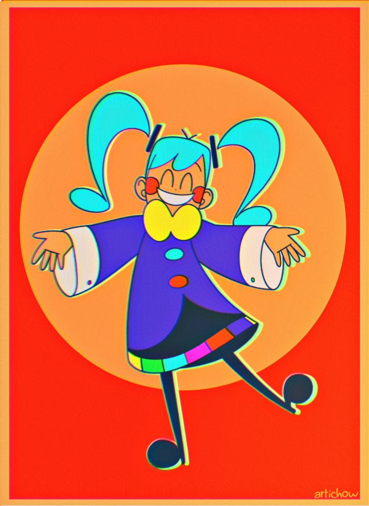 A digital drawing of Static Miku (from the song Static by Flavor Foley) standing on her right leg with her arms opened wide, smiling. The colors are very saturated, the background is red and orange and there are old TV filters and chromatic abberations on the image.