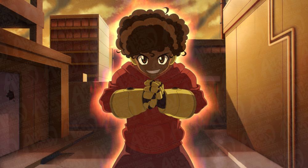 a screencap commission of a halfbody shot of the commissioner's oc ready for combat. There is a fire-y aura around him and the background is an industrial side of a city. The colors are warm and the scene is set during a sunset.