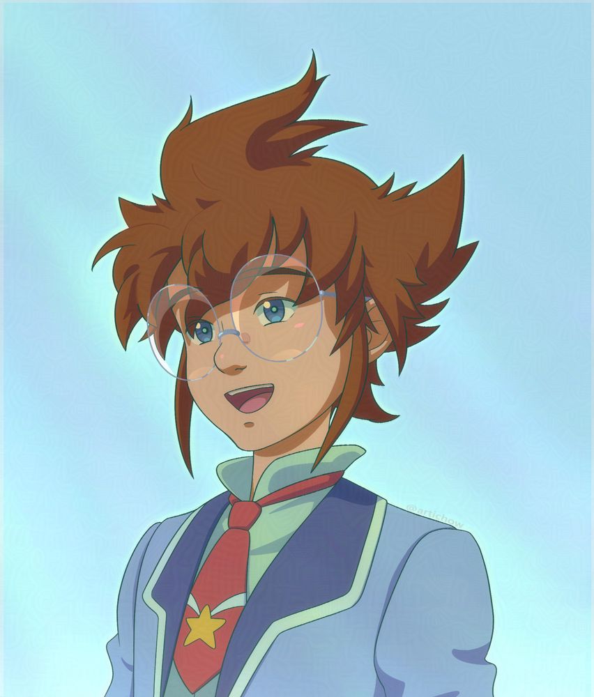 A digital half body drawing of Yuki Mizusawa from metal fight beyblade looking to the left and smiling, the main colors are light blue and muted browns