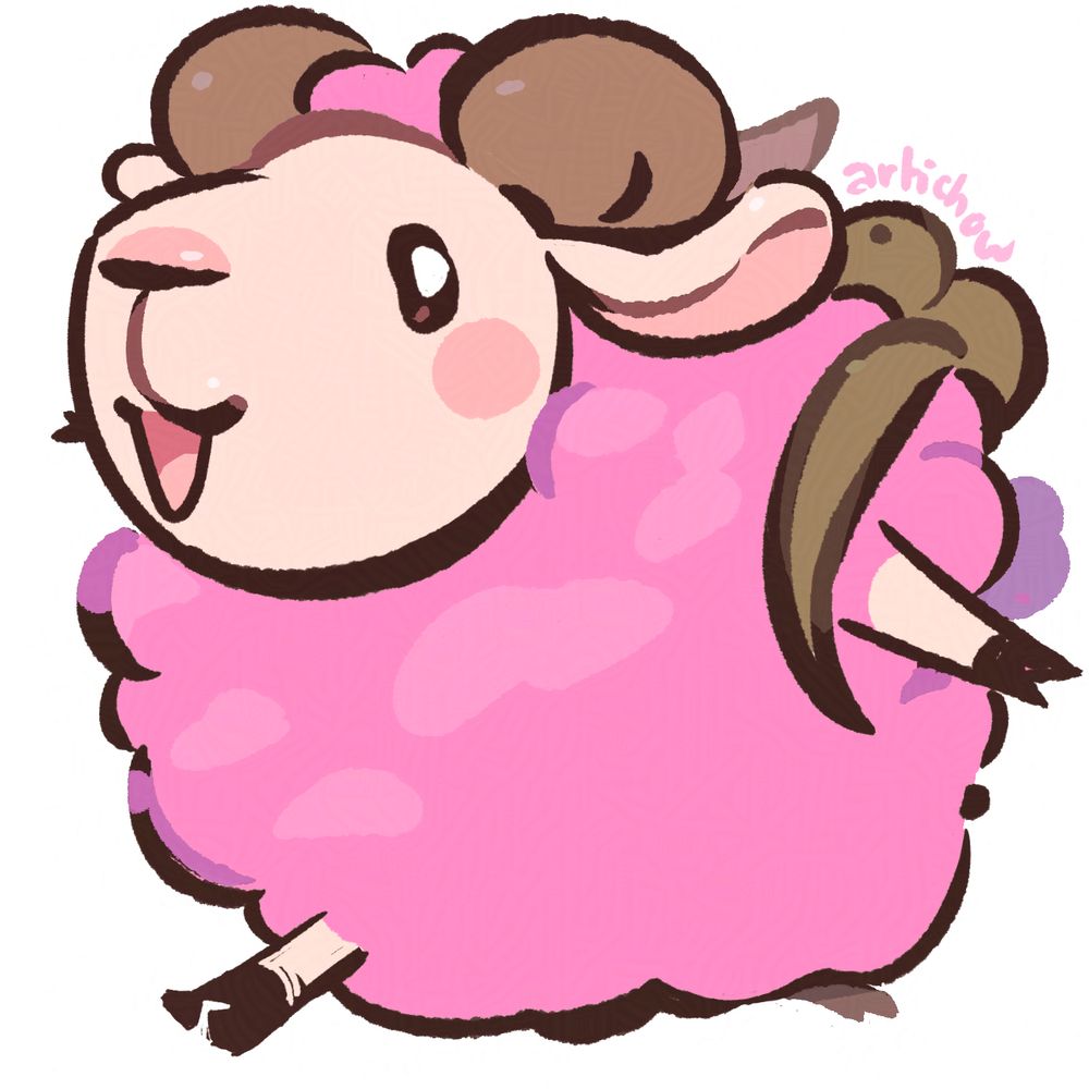 A square digital drawing of Lady-Lazagna's pink minecraft sheep sona running with a backpack on and smiling. The background is white.