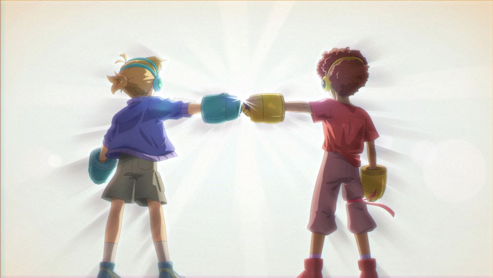 a screencap commission of fullbodies of the commissioner's ocs seen from behind, reaching their arm toward the other in a fistbump. They're both wearing big gloves and headset as part of their fighting gears. Luster on the left is blond hair in a short ponytail and wears a deep blue jacket, his gear is turquoise. Delta on the right is black, wears a red t shirt and baggy clothes and his gear is yellow. 
The two boys are facing a lightsource and light shadow effects are seen trailing behind them, the background is plain light yellow orange with light rays and effects coming from the light source behind the fistbump.