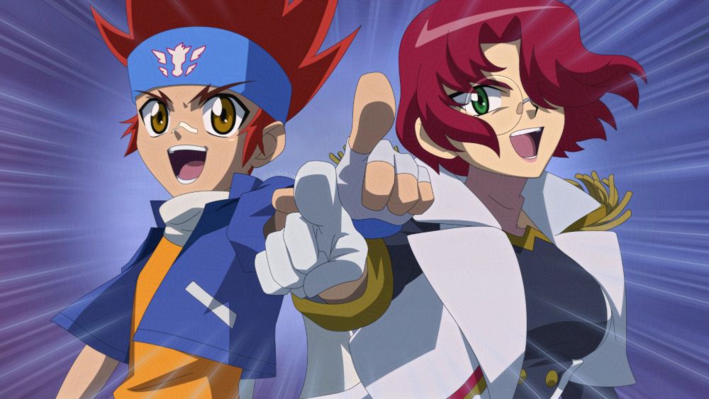 a mfb style screencap commission of Gingka Hagane on the left and the commissioner's oc on the right both pointing pointing at the viewer with actions lines pointing to their hands in the middle of the image. They're both smiling and look excited, the background is purple.