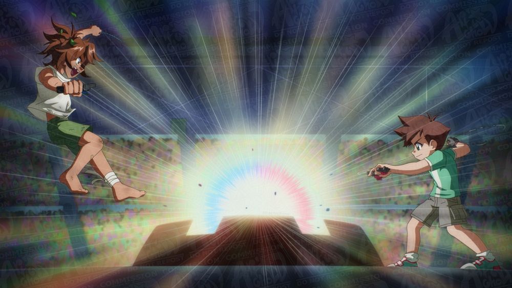 a screencap commission of two of the commissioner's ocs right after launching their beys. The oc on the left is jumping in the air while the one on the right has a serious and determined stance. In between them is a bey stadium where some light effects are shown. There is a crowd in a stadium in the background.