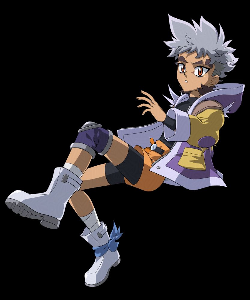 A digital drawing of my character Shoyo floating on top of a transparent background. She has a tan skin, short gray and brown hair and orange eyes. She's wearing an oversized worn out purple and yellow jacket, orange shorts on top of a black body suit and big white boots. She looks worried and like she's in the middle of turning towards us. 