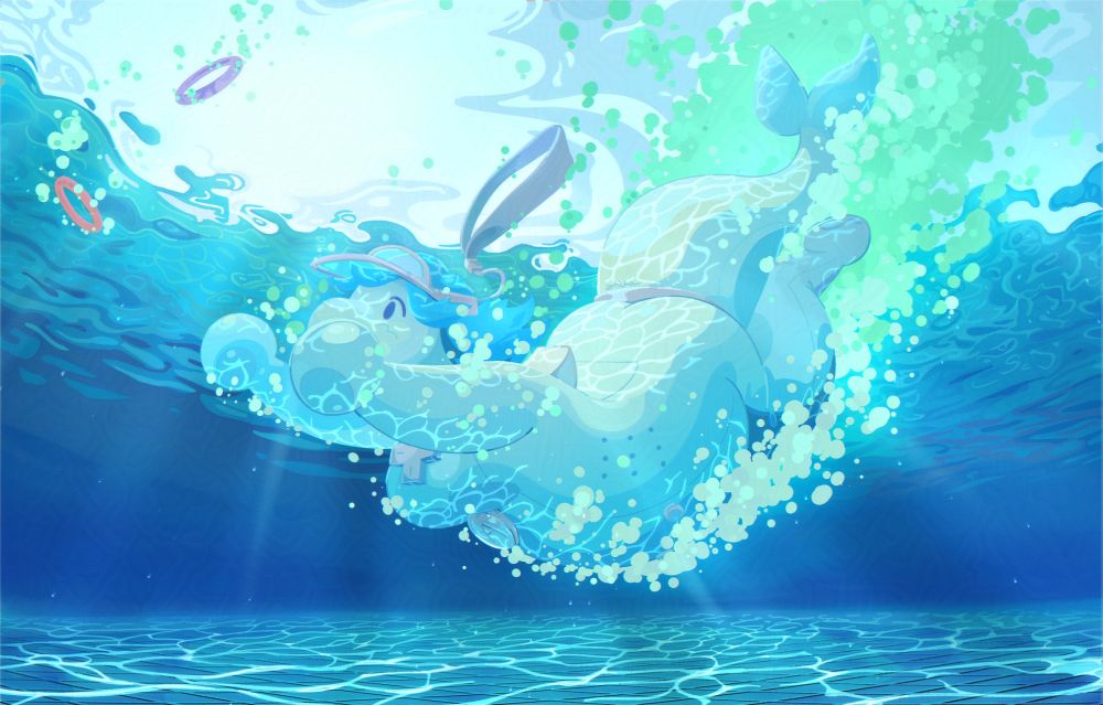 a digital illustration of the wii remote beluga Bluebottle taking a dip in a pool seen from underwater. The main colors are blues, teal and light greens.