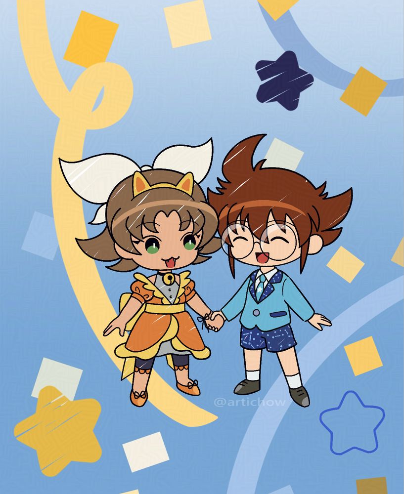 a digital drawing of two chibi fullbodies of motti and yuki from metal fight beyblade holding hands, all dressed up for a party. The style and background are inspired by a beyblade promotion art the company made for the 25th birthday of the franchise.