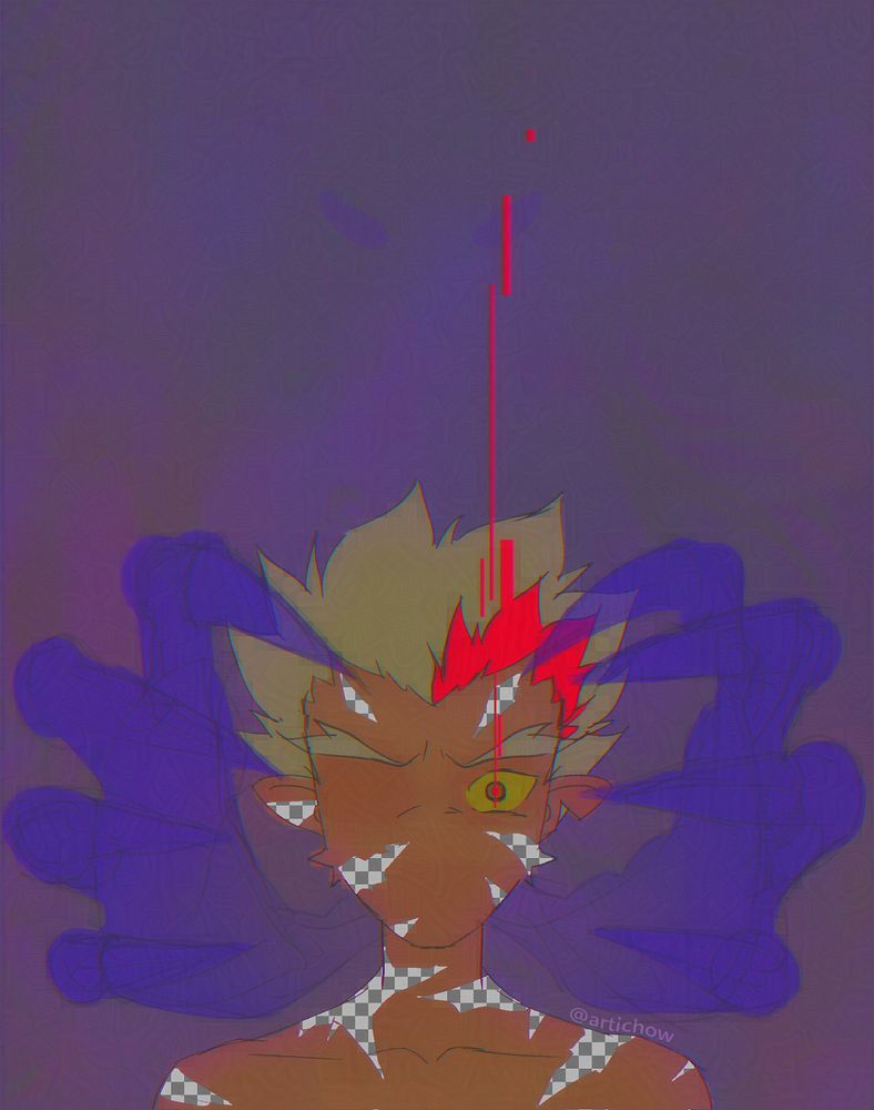 A sketch of Ryuga, only his left eye is visible and looks terrified. Purple Dragon claws are hovering around his head. Scars on his face neck and shoulders are filled with a png checkered pattern. The background is a muted maroon purple and the main vivid color of this piece is the red from Ryuga's hair and his eye. pixels of that same shade of red go up above Ryuga as a glitch effect.
