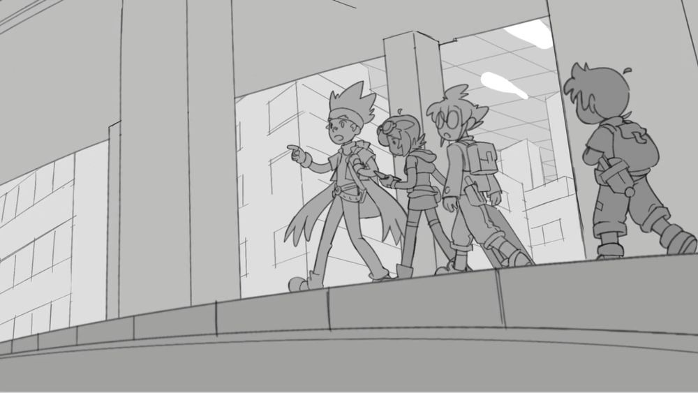 A screenshot of my 2025 animatic of Beyblade metal fury to How Far We've Come. The image is monochrome, we see the Fury's main character: Gingka, Madoka, Yuki and Kenta walking together in the city, Kenta trailing a little behind.