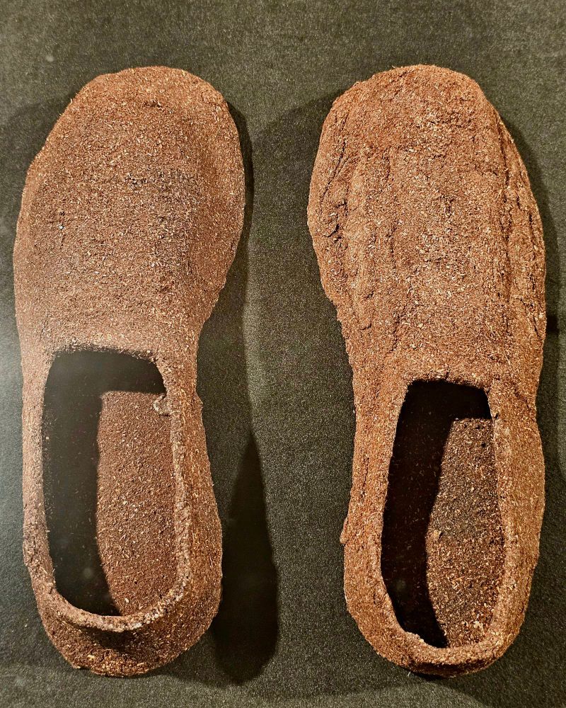 A pair of shoes made with tea leaves and PVA glue 