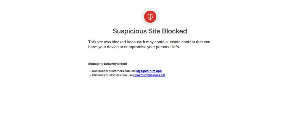Spectrum's "suspicious site blocked" page.