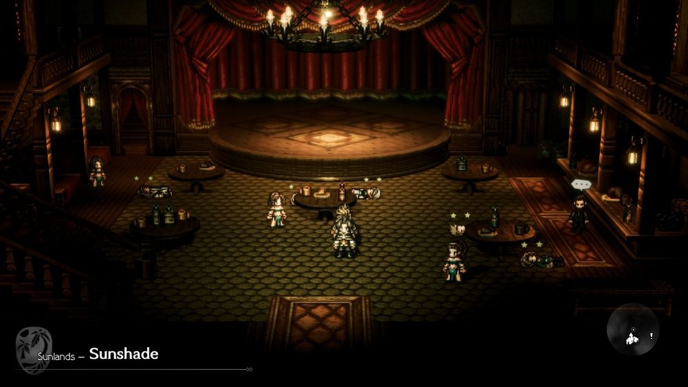 Picture from the Octopath Traveler video game, showing some NPCs fallen in the floor inside a tavern, next to the story protagonists