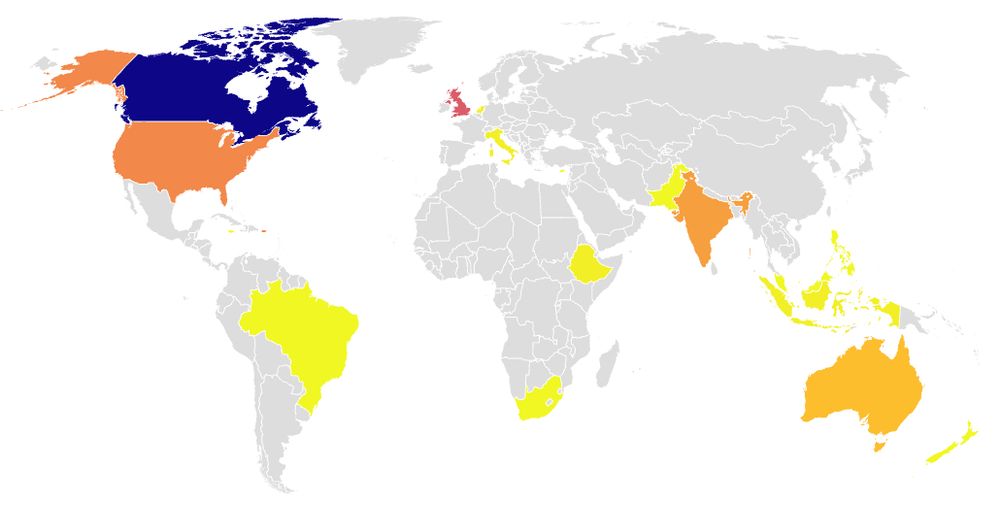 Map of the world highlighting 19 countries in which people have registered for the symposium on legal education and the human lawyer. These include, Australia, Brazil, Canada, Cyprus, Ethiopia, India, Indonesia, Italy, Jamaica, Malaysia, Maldives, the Netherlands, New Zealand, Pakistan, the Philippines, Singapore, South Africa, the UK, and the US.