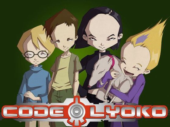 A title card for the animated series 'Code Lyoko' with the main cast positioned behind the show's title graphic