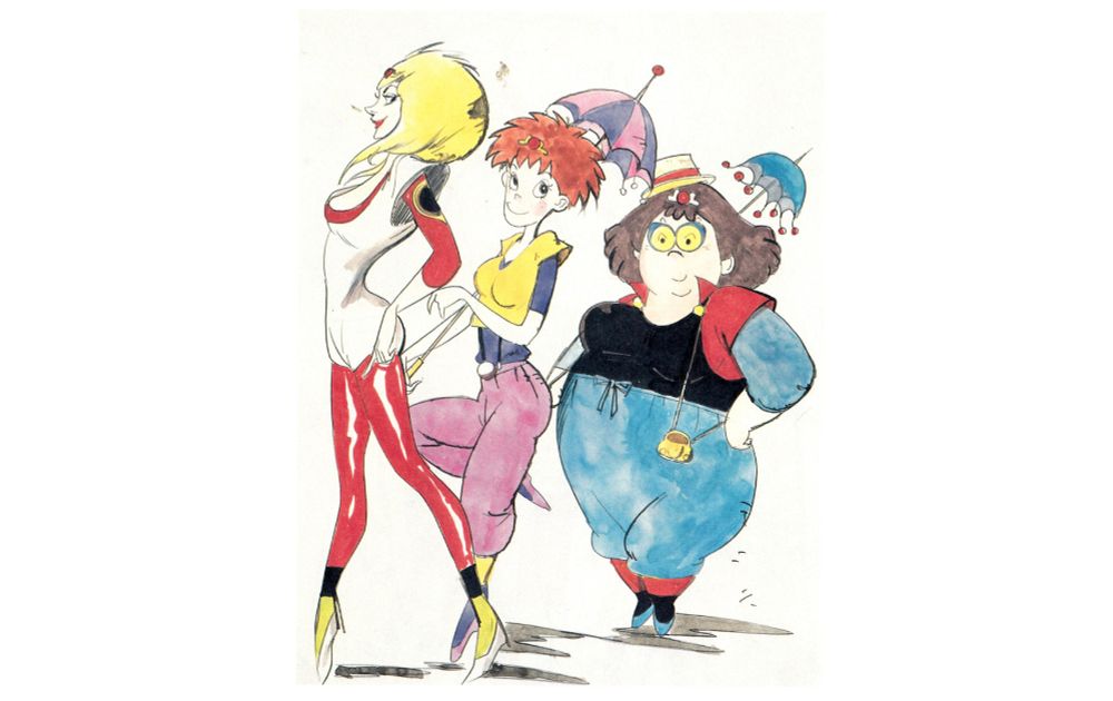 Three ladies drawn by Amano. One tall skinny, one medium medium, one short stout.