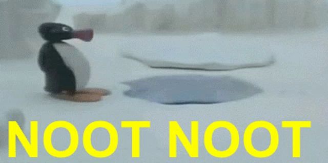 a picture of a penguin in the snow with the words noot noot written below it