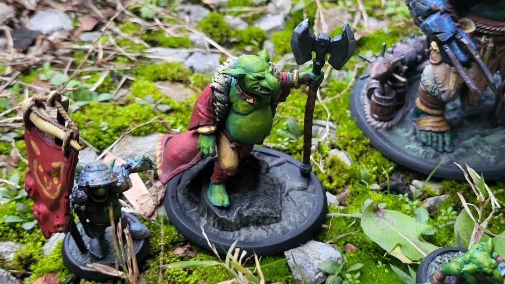 Close up shot of thr goblin chief and standard bearer miniatures
