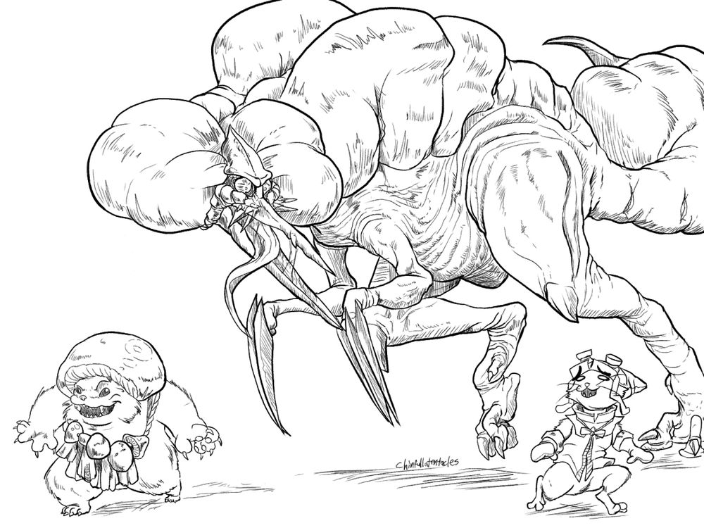 The new Monster hunter creature Rompopolo chases a Palico cat as a Wudwud sneaks away.