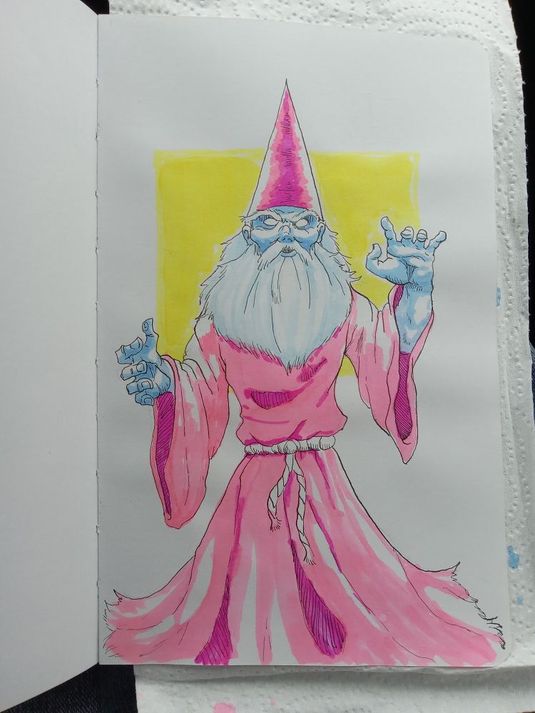 A sketch of a wizard inked in with a dip pen then colored with alcohol markers using blues, pinks, and a yellow backdrop 