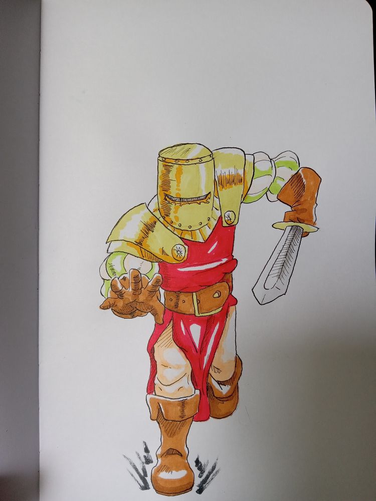 An ink and marker drawing of a knight charging forward 