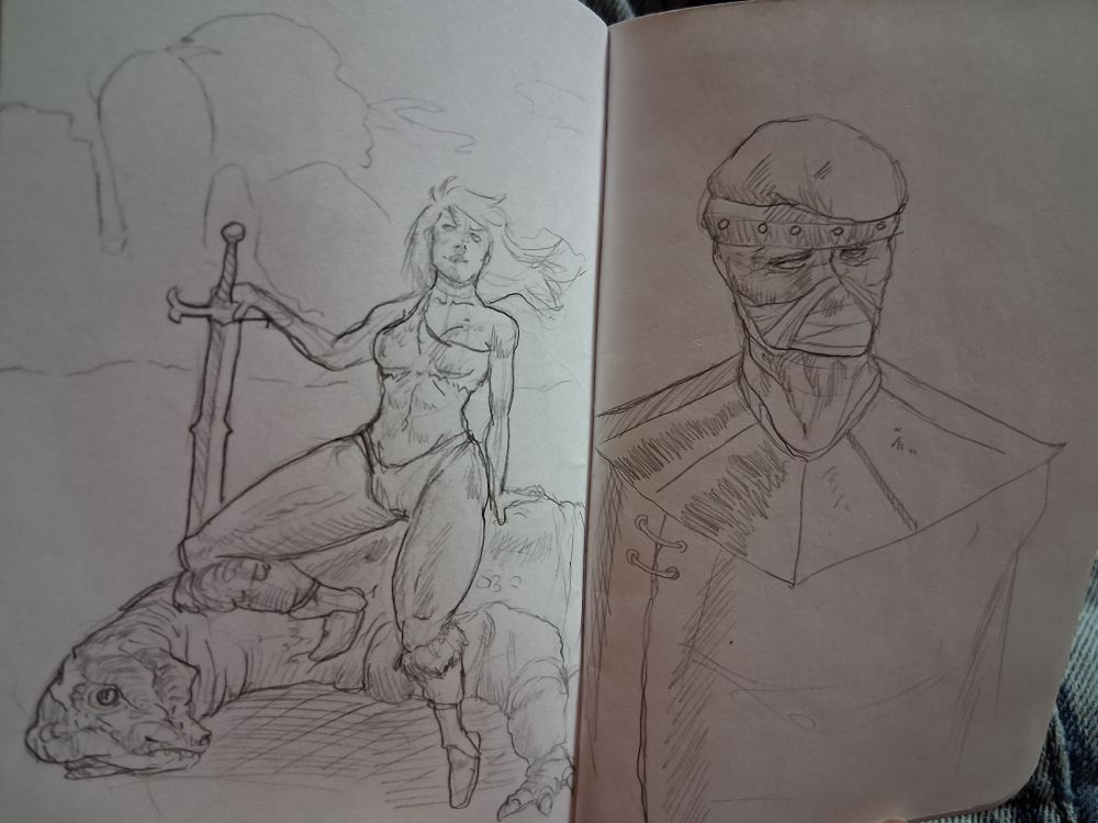Two pages from a pocket sized sketch book showing a barbarian woman posing over a dead monster and a robed man with his face covered in wraps.