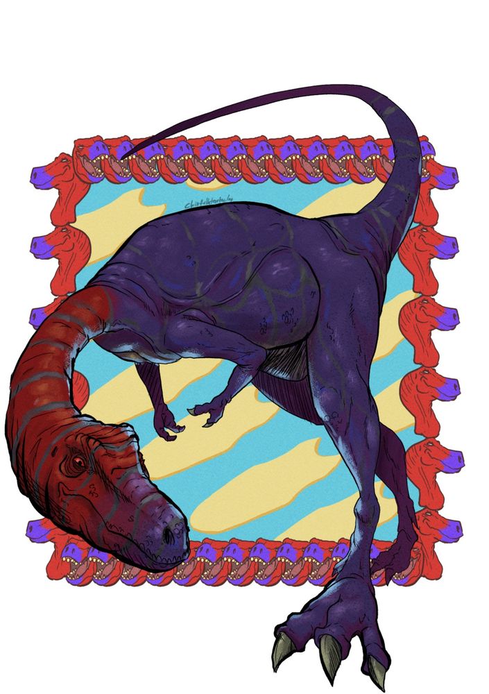 A Deltadromeus from a path of titans, with a very silly background picturing the wooden fork trophy they drop upon death.