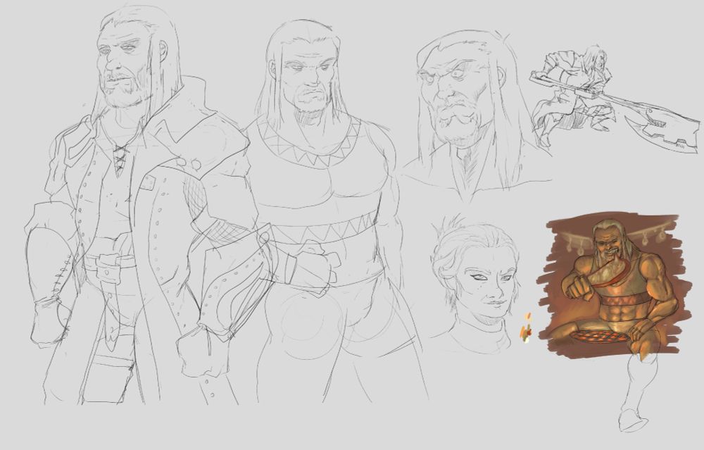 Various sketches of Craid, a monster hunter OC