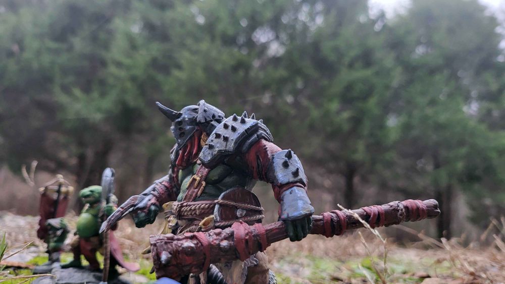 Close up shot of the ogre miniature painted. The shot reveals a few small mistakes in the paint job
