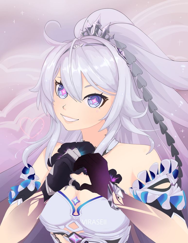 Illustration of Kiana (Honkai Impact 3rd) making a heart shape with her hands, in herrscher of finality form.