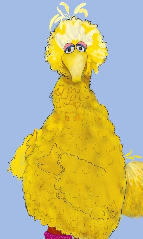 Digital art of Big Bird from Sesame Street standing in front of a blank blue background, looking at us with his body turned slightly 