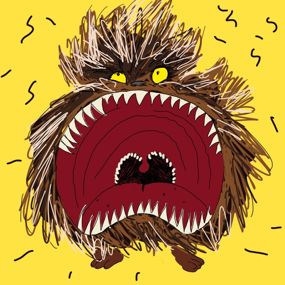 Digital art of Fizzgig from "The Dark Crystal" screaming. Fizzgig, is a round and fuzzy brown creature with piercing yellow eyes and lots of teeth