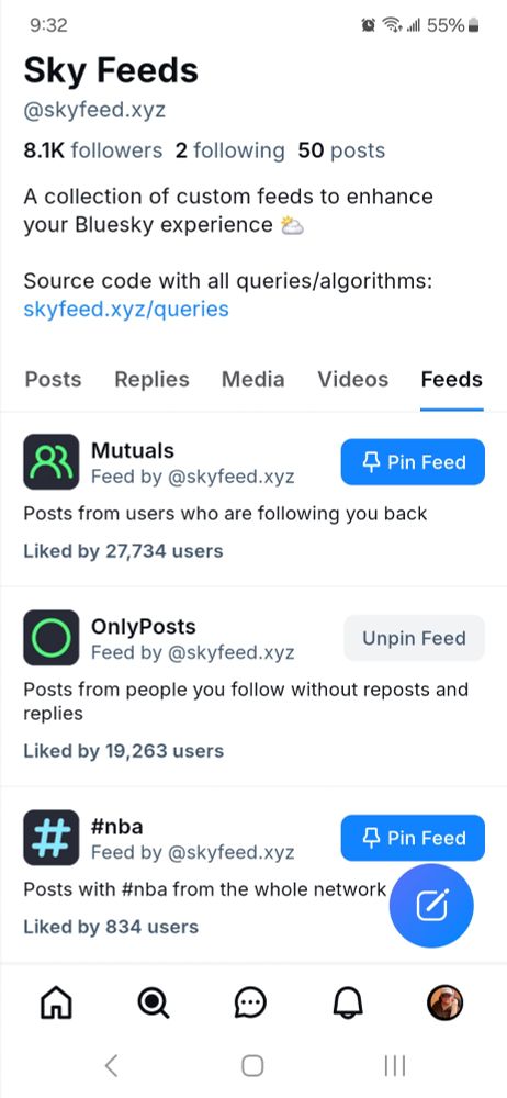 User info for Sky Feeds
@skyfeed.xyz
A collection of custom Feeds to enhance your Bluesky experience
Source code with all queries/algorithms
Skyfeed.xyz/queries

(Selection bar with: Posts, replies, media, videos, feeds --which is selected here)

Mutuals - posts from users who are following you back

Only Posts - posts from people you follow without reposts and replies

NBA - (basketball stuff I am running out of typing room here sorry you get the gist)


